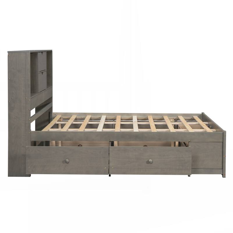 Queen Size Platform Bed with Storage Headboard and 8 Drawers