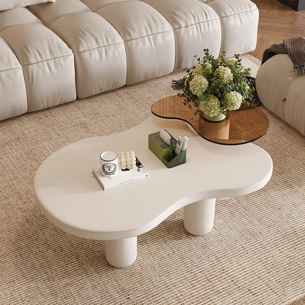 2 in 1 Irregular Coffee Table Modern Nesting Coffee Table Set of 2 with Glass Top Table, for Living Room