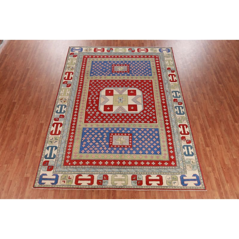 Hand Knotted Oriental 100% Wool Carpet Traditional Geometric Multi-Colored Kazak Area Rug - 11' 4'' X 8' 5''