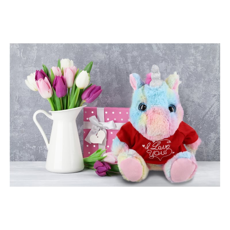 DolliBu I LOVE YOU Plush Sitting Rainbow Unicorn with Red Shirt - 10 inches