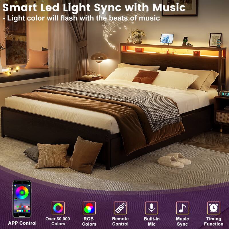 Platform Bed with Hiden Drawers, Bed Frame with Headboard and Charging Station