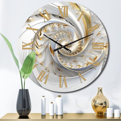 Designart "Whirling While Glam Fractals In Gold And White III" Fractals Oversized Wall Clock
