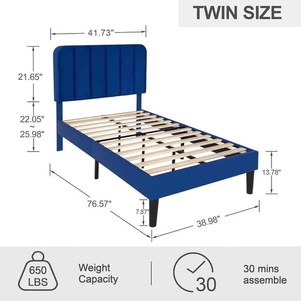dimension image slide 0 of 5, Twin Upholstered Platform Bed Frame with Headboard and 12 Wooden Slats, Adjustable Height,