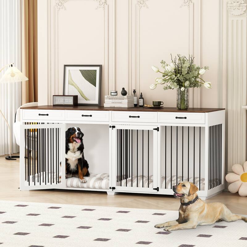 93" Wooden Large Dog Crate Furniture with 2 Rooms,3 Drawers & Dividers
