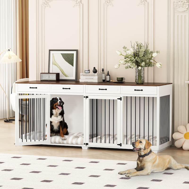 Wooden Double Dog Crates Indoor Furniture with Divider and 4 Drawers