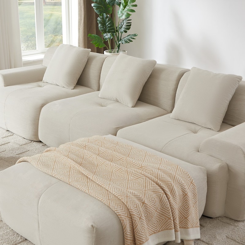 113" Modern L-Shaped Corduroy Modular Sectional Sofa with Movable Ottoman