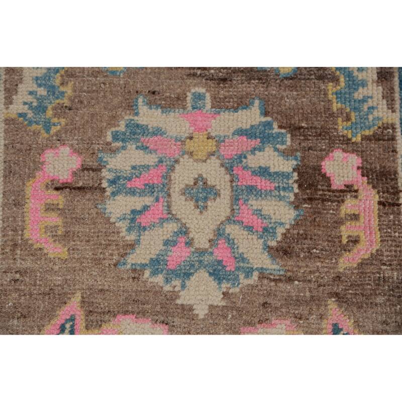 Hand Knotted Oriental 100% Wool Carpet Transitional Floral Brown Oushak Runner Rug - 15' 3'' X 3' 4''