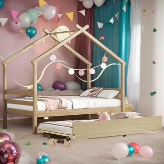 Kids and Baby Twin Size House-shaped Platform Bed with Pull-out Trundle