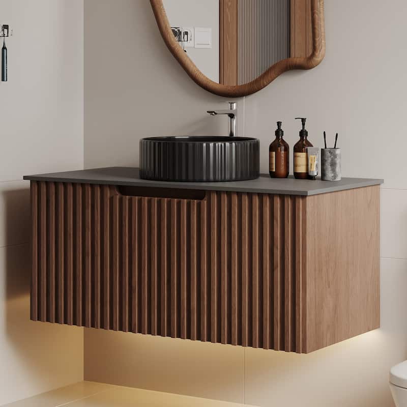 35.43" Floating Single Bathroom Vanities, Solid Wood, Grey Sintered Stone top