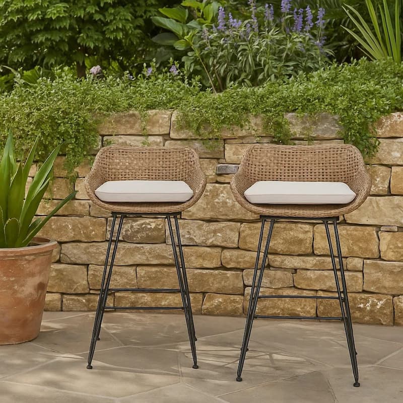 Outdoor Barstool Chair Set of 2, Beige Fabric, Brown Rattan, Black