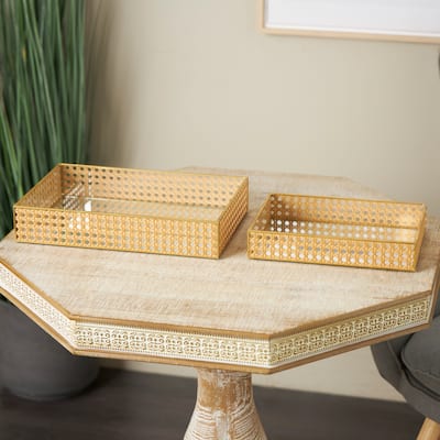 Brown Rattan Woven Living Room Decor Tray with Mirrored Glass Interior (Set of 2)