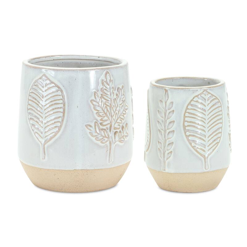 Two Tone Porcelain Planter with Leaf Design (Set of 2)