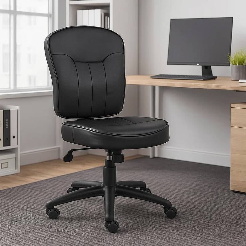 Sera Modern Task Chair, Mid Back Black LeatherPlus, Large Cushions