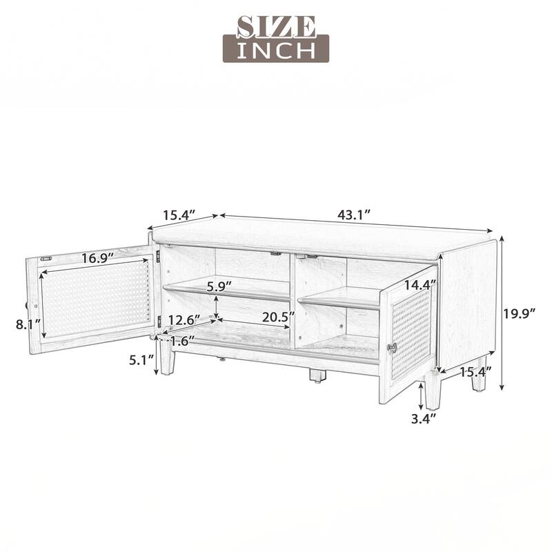 Rattan Entryway Bench with Storage, Cushioned Shoe Bench with Double Doors