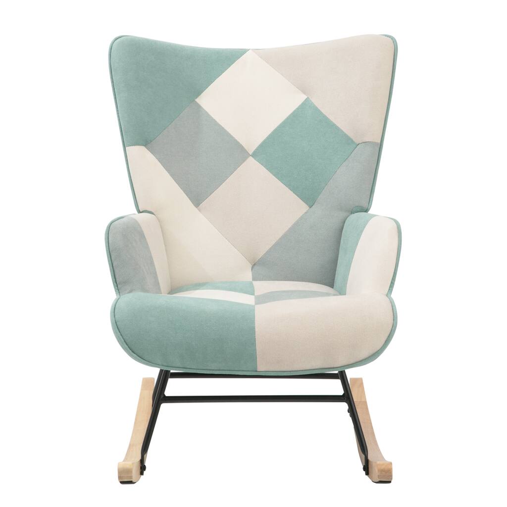 Fabric Rocker Chair Living Room Rocking Chair with Wood Legs, Patchwork Linen and ottoman for Living Room