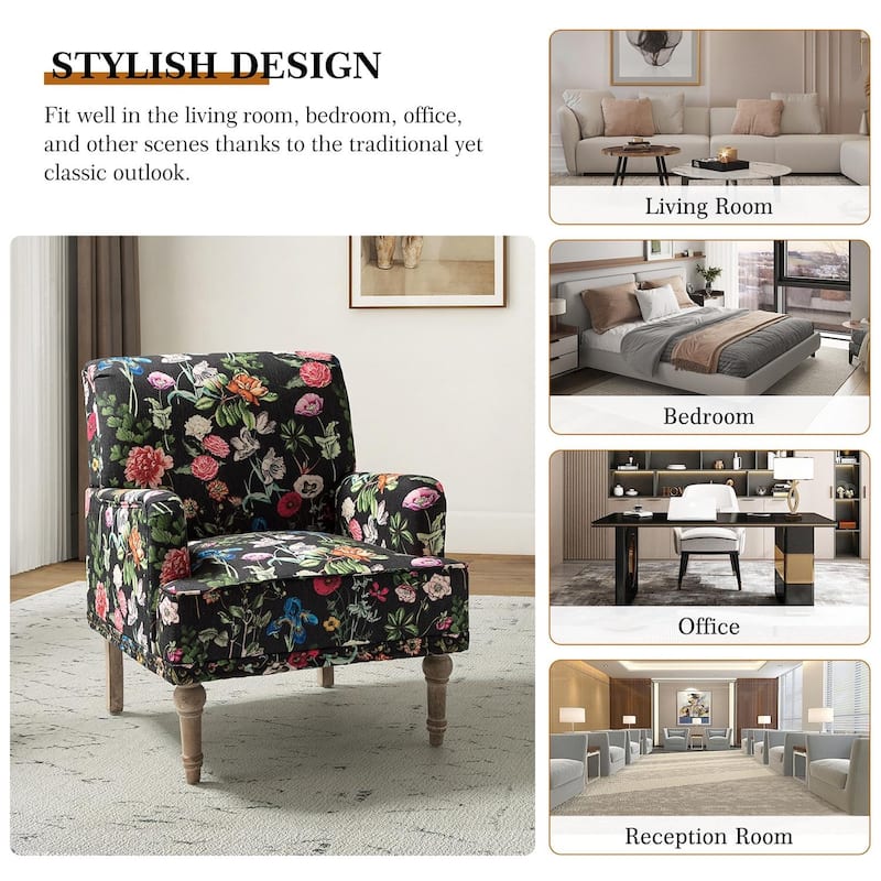 Geltrude Traditonal Floral Fabric Design Upholstered Accent Armchair with Turned Legs by HULALA HOME