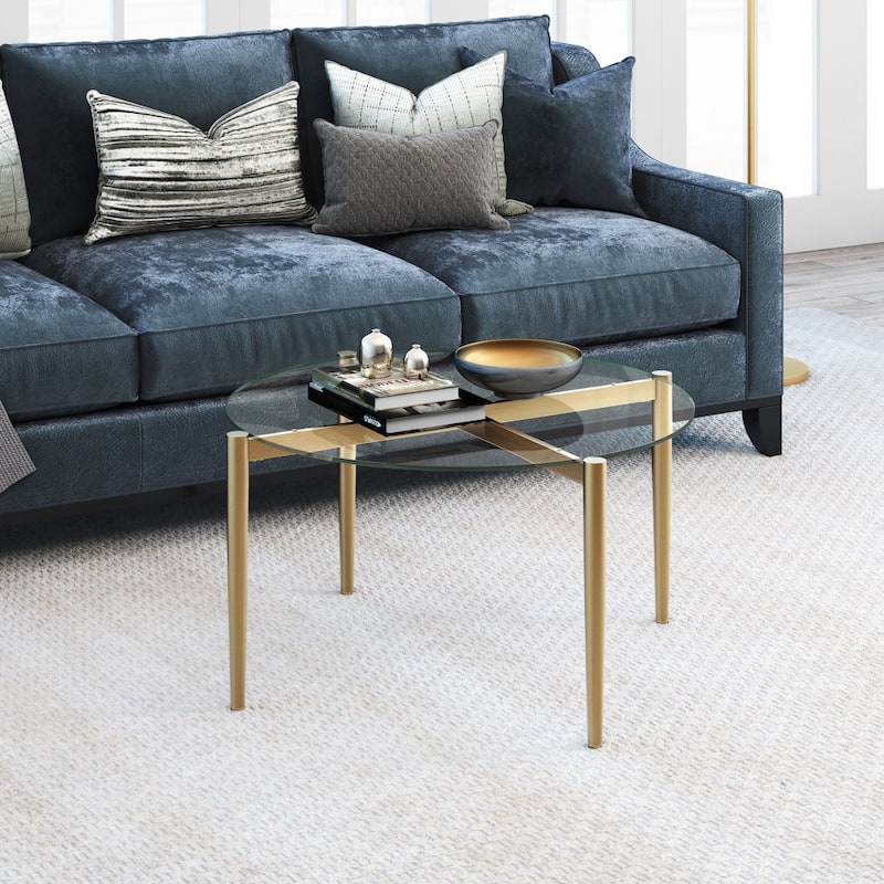 36" Clear Glass Round Coffee Table with Gold Steel Base for Living Room - 36” x 36” x 18”