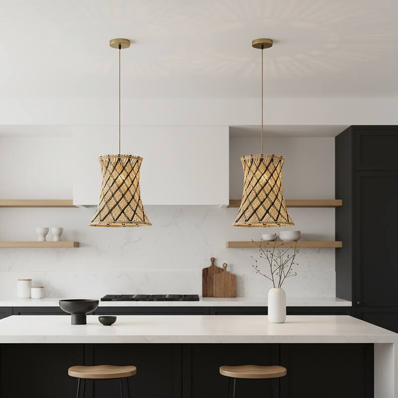 Yori 1-Light Rattan Hourglass Pendant, Coastal Boho - Handwoven - 14" Wide