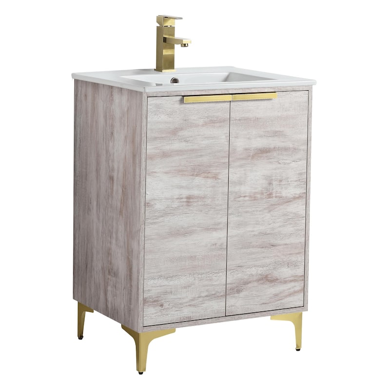 Fine Fixtures Wilmington Bathroom Vanity with White Ceramic Sink. - 24 Inch - Rustic White - Satin Brass Hardware