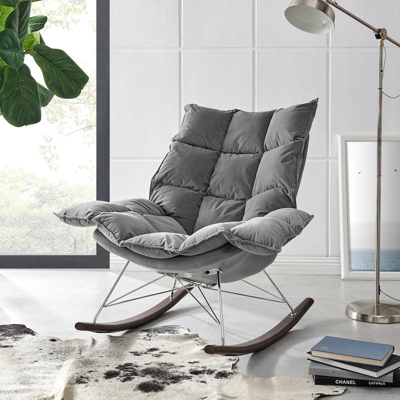 Grey Velvet Rocking Accent Armchair with Tufted Wingback and Thick Padded Seat