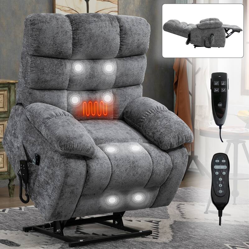 Power Lift Recliner Chair with Heat & Massage, Dual Motor Infinite Position Recliner Chair, Oversized Chenille Electric Recliner