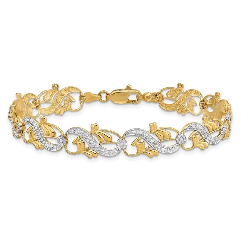 Curata 14k Yellow Gold D C White Dots Connecting Sash and Leaves Two color Bracelet 7.5 Inch