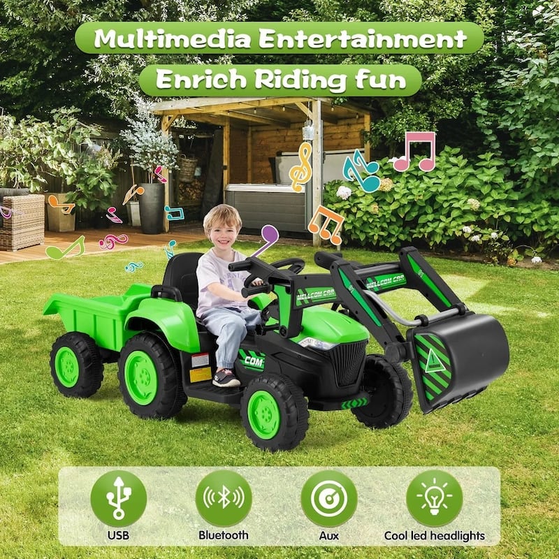 EROMMY Remote-Controlled Electric Excavator Ride-On Toy featuring Horn, LED Lights, Music Player, and Safety Belt