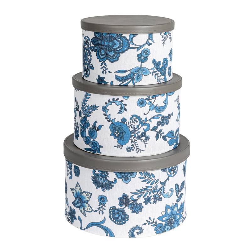 Household Essentials Nestable Hat Boxes with Faux Leather Lids, Set of 3