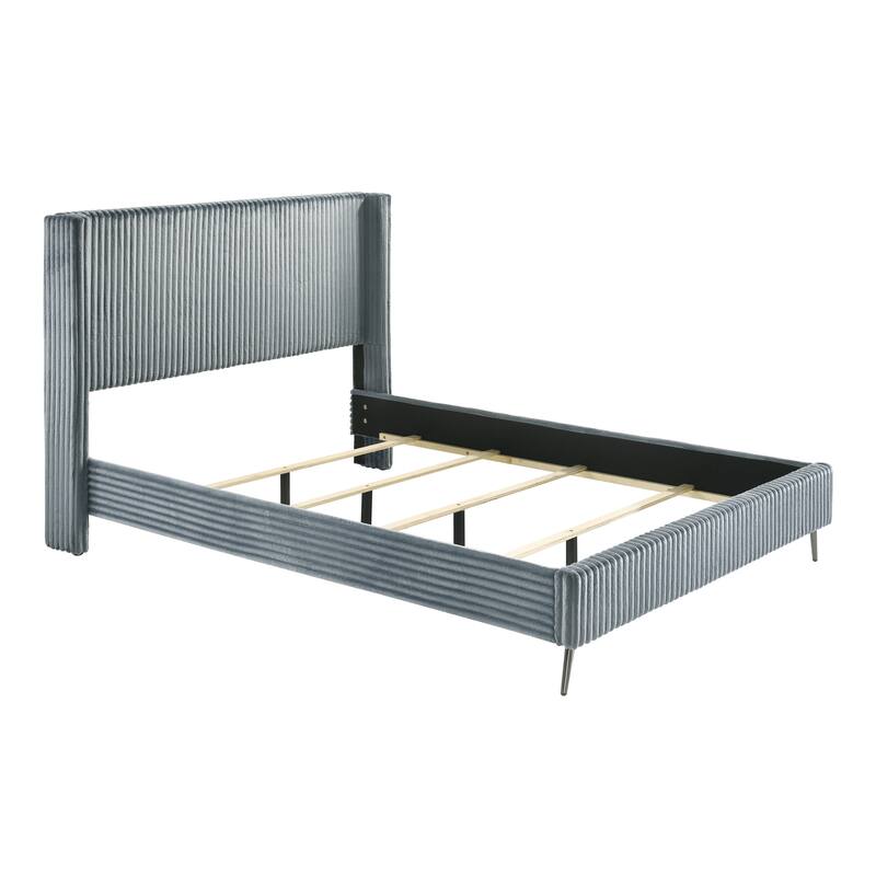 Mavela Wide Wale Corduroy Upholstery Panel Queen Bed with 2 Nightstands, Blue