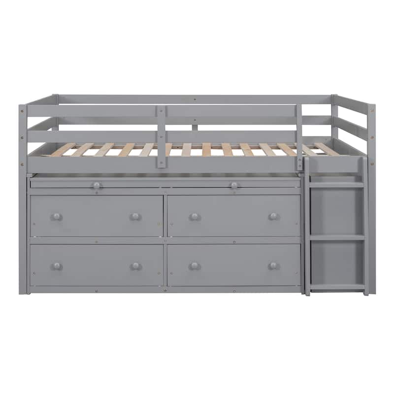 Full Size Loft Bed with Retractable Writing Desk and 4 Drawers, Wooden Loft Bed with Lateral Portable Desk and Shelves