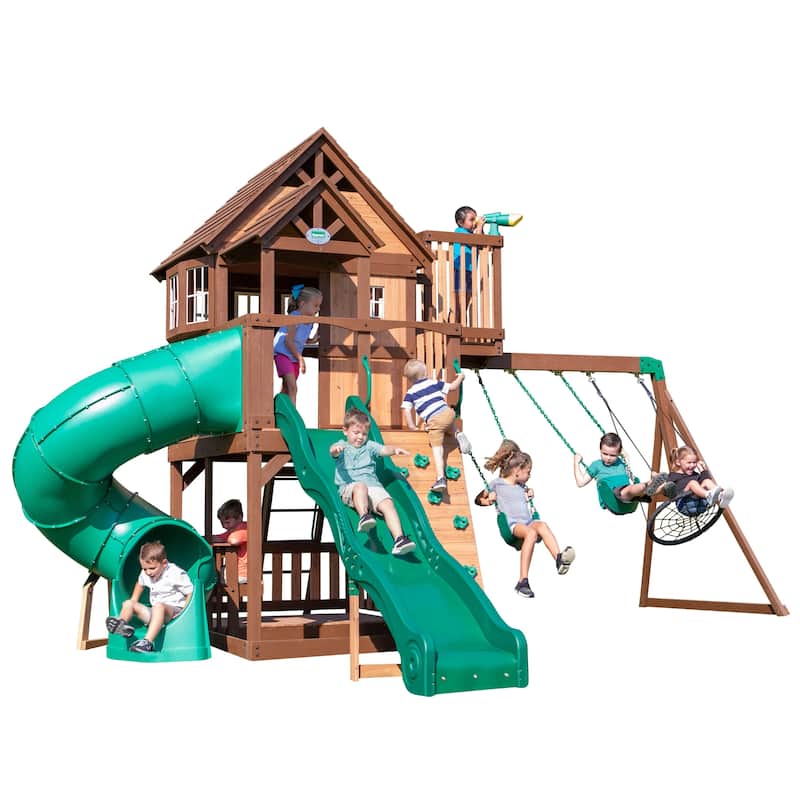 Backyard Discovery Skyfort II Cedar Wood Swing Set, Spiral Tube Slide - 19'5" x 16'9"