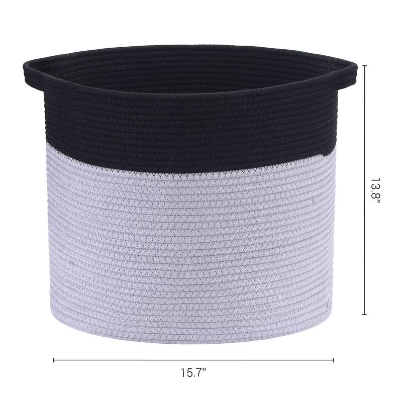 Woven Storage Bin with Hidden Handles, Shelf Closet Storage Basket for Clothes, Blankets, Organizer Bin for Living Room - Grey/Black