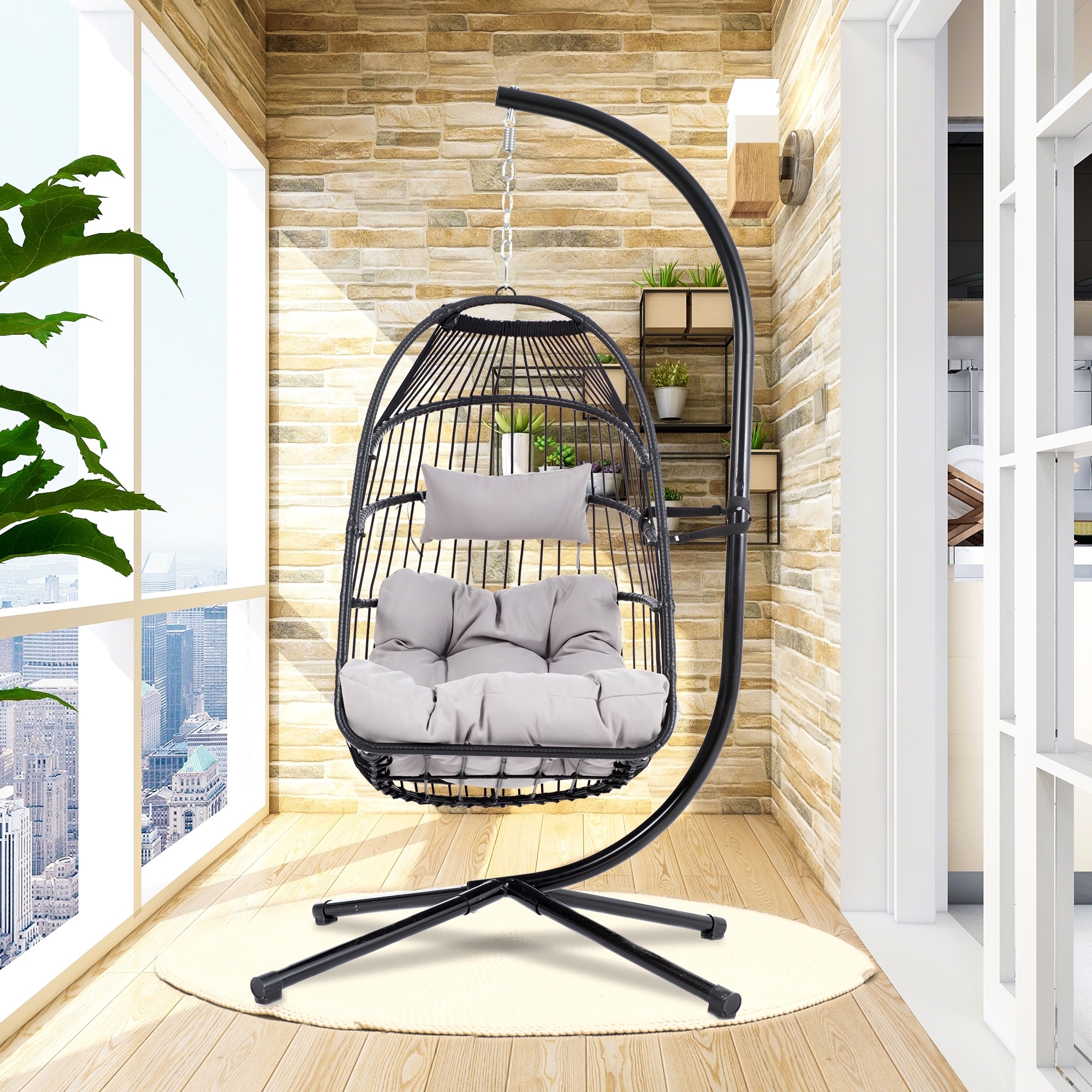 Global Pronex Patio Foldable Swing Chair Porch PE Wicker Egg Hanging Chair Hammock Chair Stand and Cushion for Outdoor Balcony Indoor Bedroom
