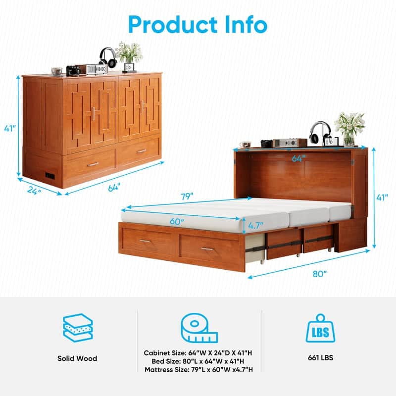 Mixoy Queen Modern Murphy Bed Chest with Mattress,Storage Drawer,Charging Station