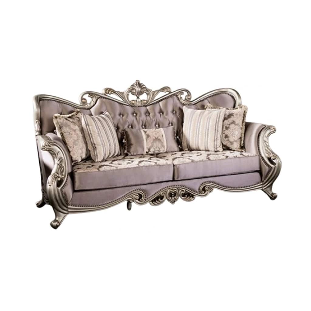 Aboi Sofa, 5 Accent Pillows, Purple Velvet, Carved Details, 95 Inch