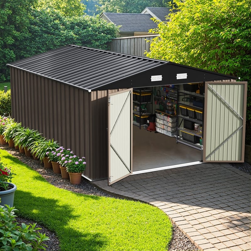 Patiowell 10' x 12' &10' x 14' Metal Outdoor Storage Shed with Floor Frame for Garden, Backyard, Patio - 10X14FT - Brown