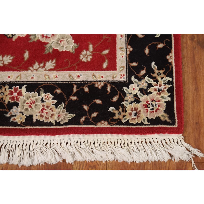 Red Floral Tabriz Chinese Runner Rug Handmade Wool and Silk Carpet - 2'5" x 8'1"