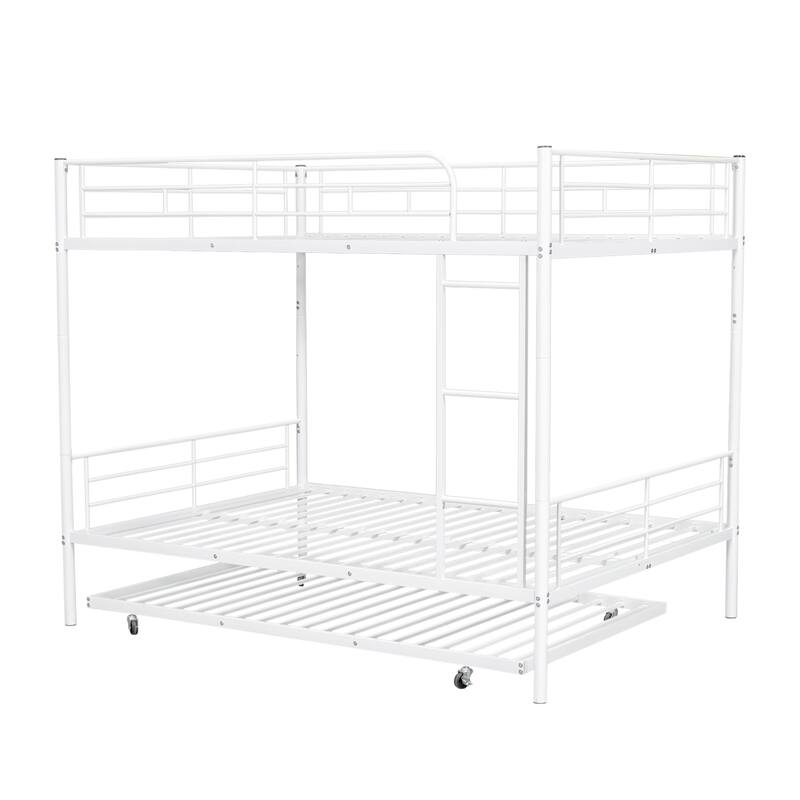 Full Over Full Metal Bunk Bed with Trundle and Guardrail, Convertible to Two Beds