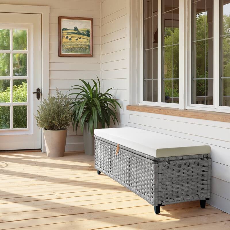 Wicker Storage Bench with Cushion for Bedroom, Living Room, Porch - 18.5'' H X 43.3'' W X 18.5'' D