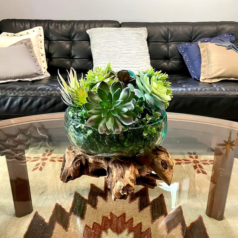 Molten Glass Bowl On Driftwood 10" Hand Blown Decorative Centerpiece