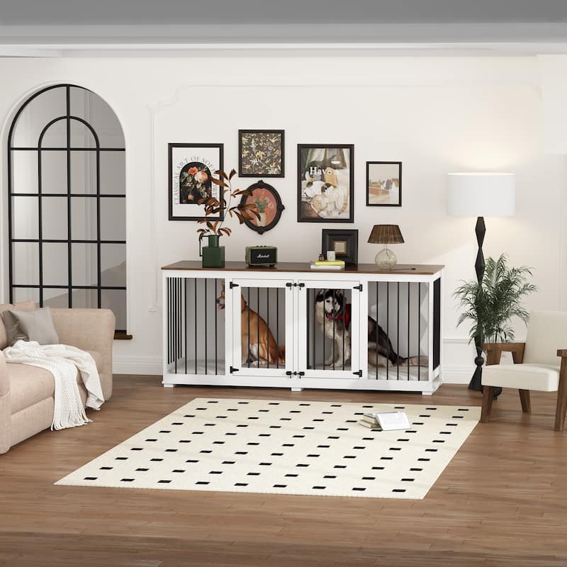 Large Dog Crate Furniture, 70.9"L Wooden Dog Crate Kennel with Divider