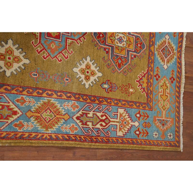 Kazak Accent Rug Handmade Yellow Geometric Wool Carpet - 3'4" x 4'10"
