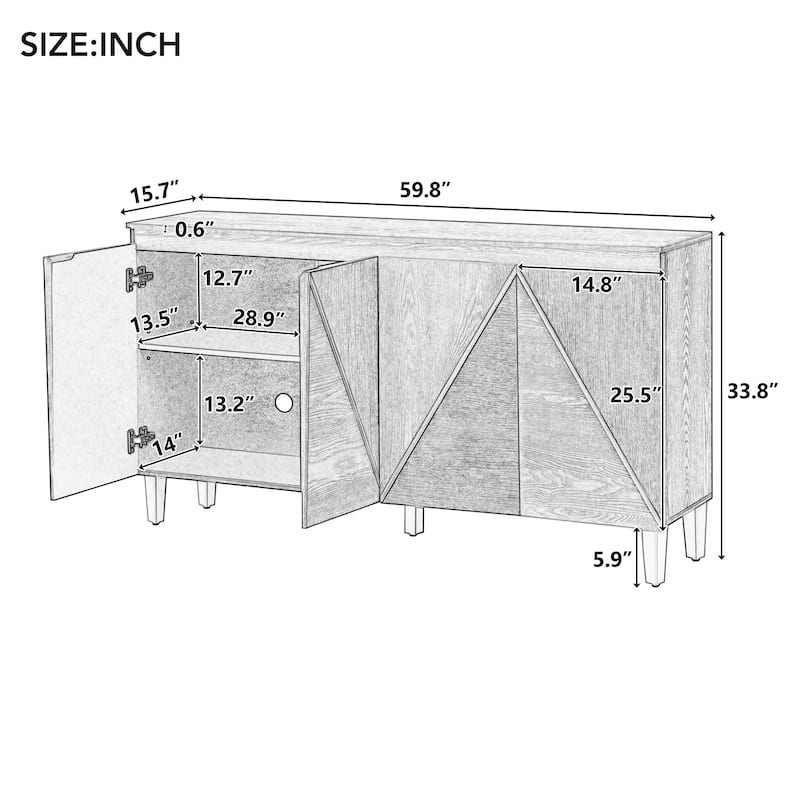 60" Retro Buffet Cabinet - 4-Door Vintage Sideboard with Adjustable Shelves for Dining/Living Room