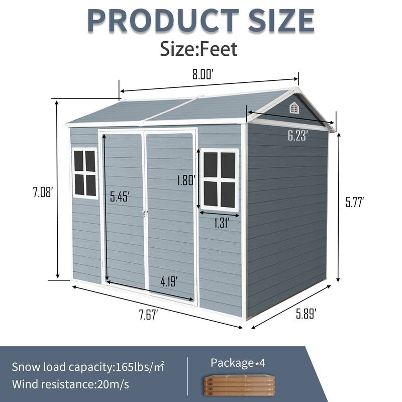 Resin Outdoor Storage Shed UV-Proof Garden Tool Shed with Sloping Roof & Lockable Double Doors, Built-in Floor