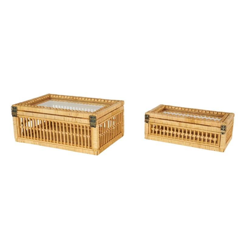 Brown Rattan Handmade Woven Storage Decorative Box with Glass Top and Bronze Latches (Set of 2) - 10"W x 15"L x 6"H