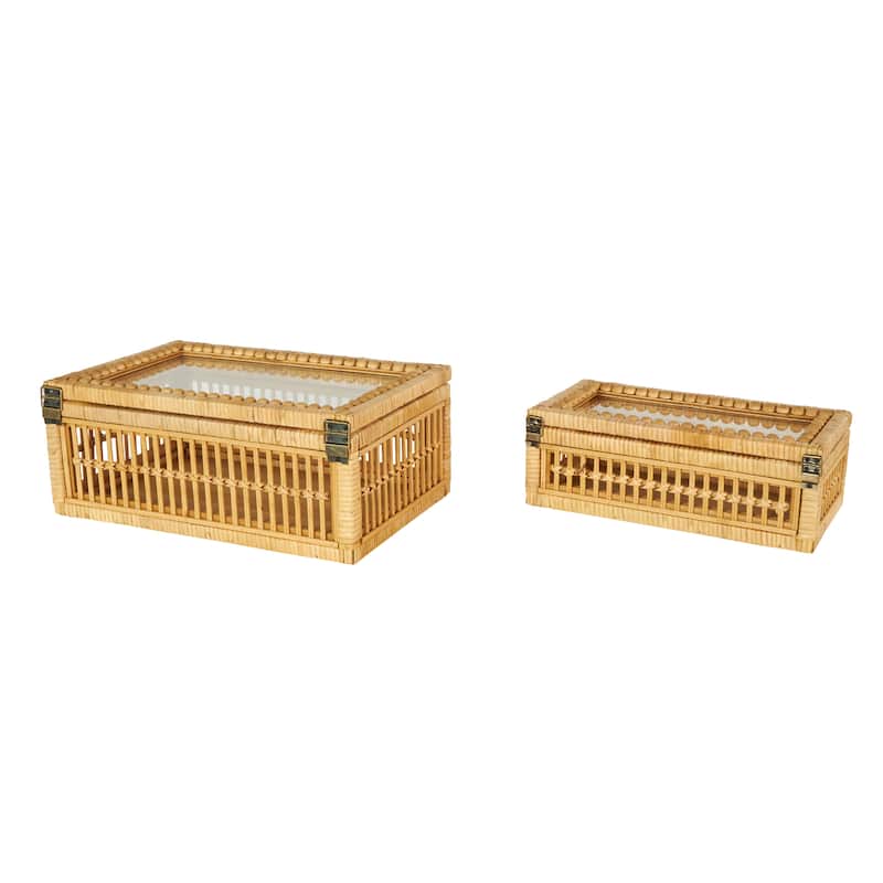 Rattan Handmade Woven Storage Box with Glass Top and Bronze Latches - Set of 2 Brown - Roche River Decor - 10"W x 15"L x 6"H