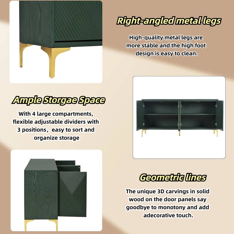 Modern 4-Door Wood Sideboard with Carved Panels, Push-to-Open Doors, Adjustable Shelves and Metal Legs