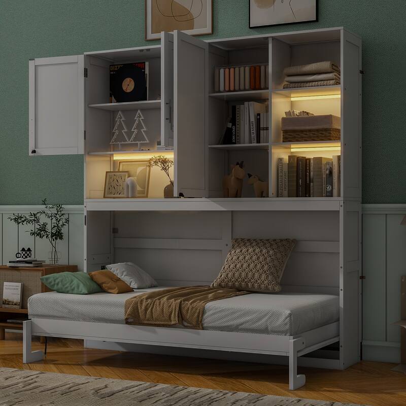 Roomfitters Twin Wall Murphy Bed with Top Cabinet Shelves Space Saving Design MDF