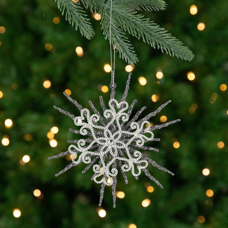 Glittered Double Snowflake Christmas Ornament - 6" - Silver