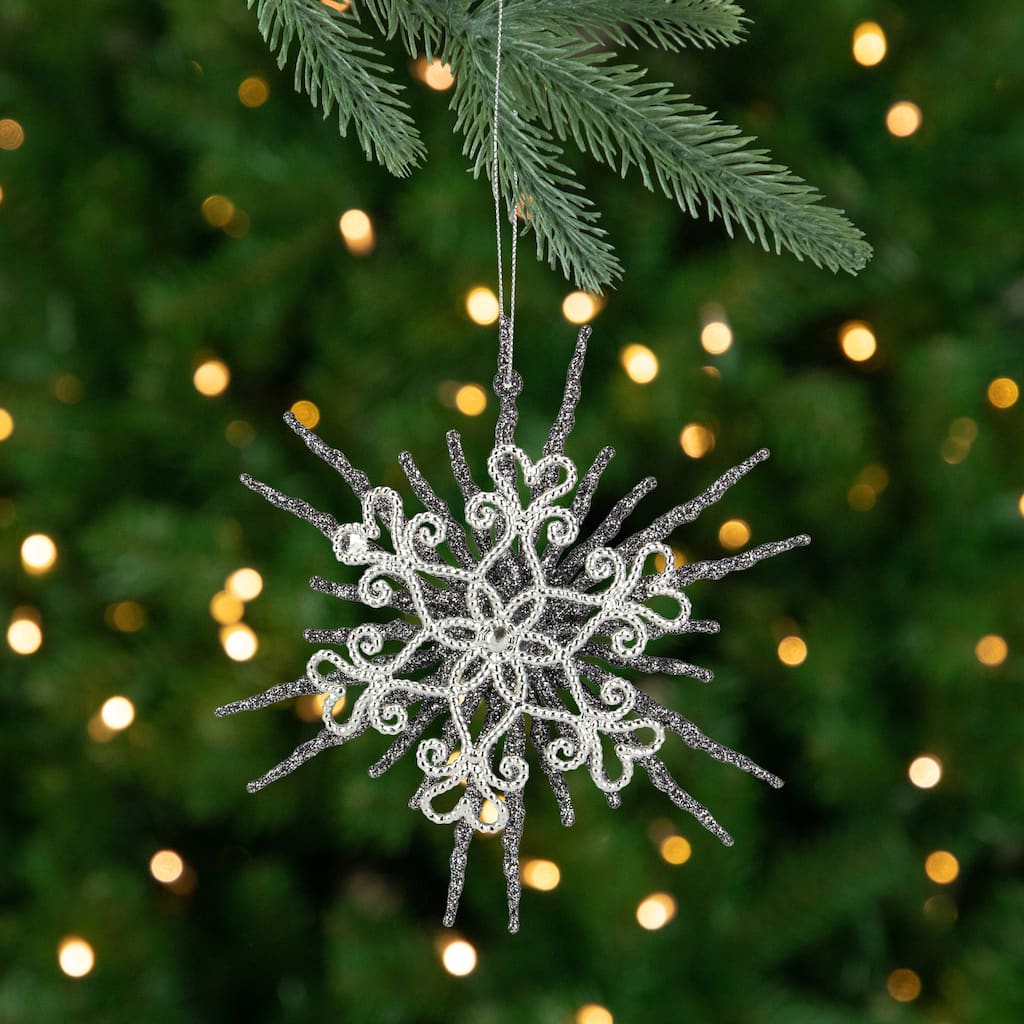 Glittered Double Snowflake Christmas Ornament - 6" - Silver